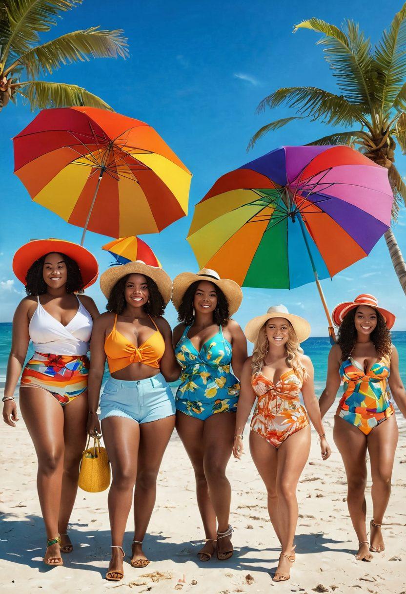 A stunning beach scene featuring diverse, curvy models showcasing vibrant summer outfits, joyfully posing with ocean waves in the background. Include colorful beach umbrellas, sun hats, and accessories that emphasize confidence and body positivity. Capture the essence of summer with bright colors and a joyful atmosphere. super-realistic. vibrant colors. 3D.