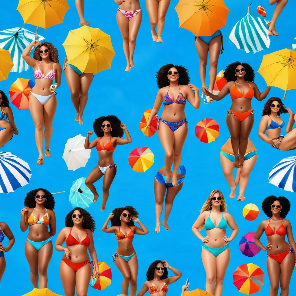 A vibrant beach scene showcasing diverse women of all shapes and sizes confidently wearing trendy bikinis, surrounded by colorful beach umbrellas and summer accessories. The atmosphere is uplifting, filled with sunshine and laughter, promoting body positivity and celebration. Include a background of clear blue skies and gentle waves. super-realistic. bright colors. summer vibes.