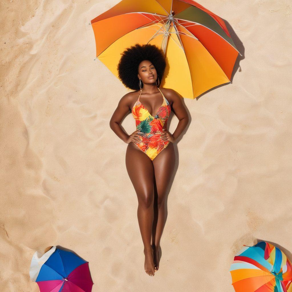 A confident Black woman in a stylish, vibrant swimsuit showcasing a variety of modern swimwear trends at a beach setting. Her pose exudes empowerment and body positivity, surrounded by colorful beach umbrellas and joyful friends of different sizes and shapes enjoying the sun. The scene highlights diversity and celebration of all body types, with warm sunlight casting a glow on the sandy shore. vibrant colors. tropical beach vibe. super-realistic.